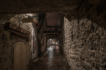 Medieval street at night. Historical center of Tallinn, Estonia,