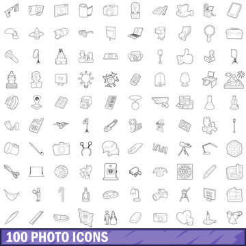 100 photo icons set, outline style