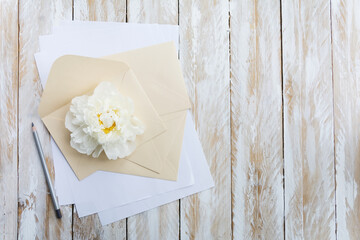 White peony, envelope, pencils and paper on wooden background