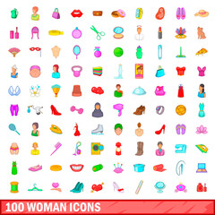 100 woman icons set, cartoon style