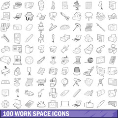100 work space icons set, outline style