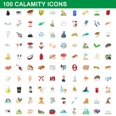 100 calamity icons set, cartoon style