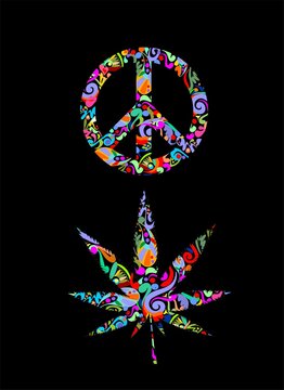 T-shirt prints with peace symbol and marijuana leaf with abstract colorful pattern isolated on black background