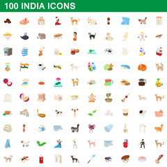 100 india icons set, cartoon style