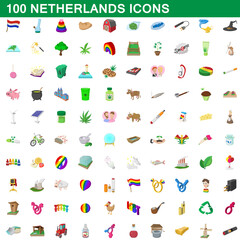 100 netherlands icons set, cartoon style