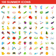 100 summer icons set, isometric 3d style
