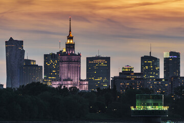 Warsaw skyscrapers panoramic view during sunset