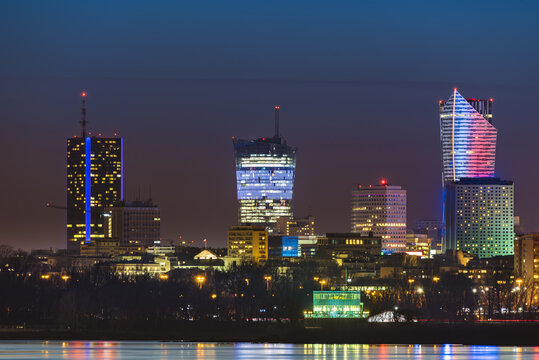Night panorama of Warsaw skyline