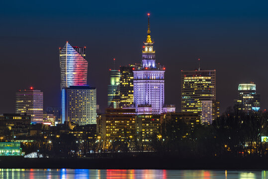 Fototapeta Night panorama of Warsaw skyline