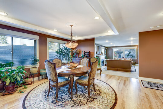 Craftsman home dining room interior with open floor plan