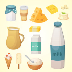 Fresh organic milk products set with cheese