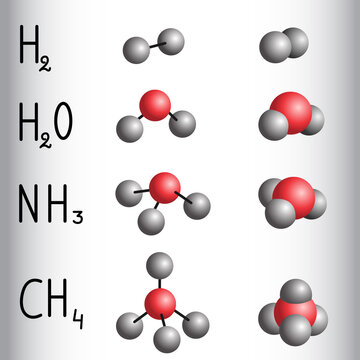 Chemical formula and molecule model of hydrogen , water,  ammonia,  methane