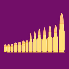 Different types of bullets in row on purple background.