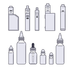 Vaping vector set. Juices and devices outline on white background.
