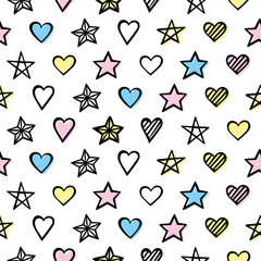 Hand drawn seamless pattern with hearts and stars