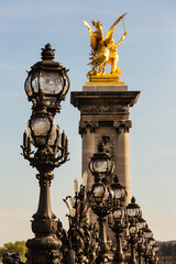 Fototapeta na wymiar Street lamps and status of Pont Alexandre III in a sunny day