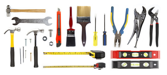 Assorted work tools on white