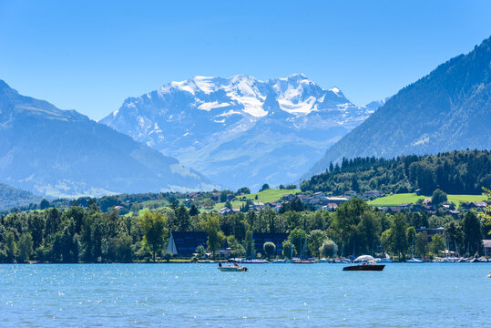 Thuner lake at Thun with beautiful panorama view to mountain scenery - Switzerland