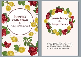Banners with ripe berries of gooseberries and lingonberries. Vector illustration.
