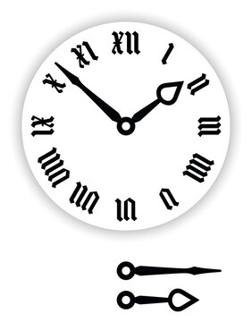 Fraktur Roman numerals clock face. Part of analog clock with black pointers. Dial with blackletter numerals, also Gothic minuscule or Textura. Black and white illustration on white background. Vector.