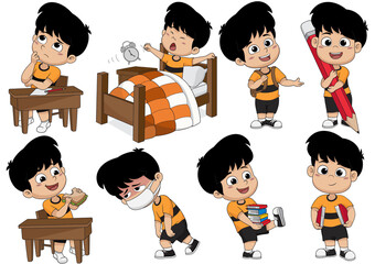 Set of kid activity,kid think,wake up,holding a big pencil,eat sandwich,sick,holding a book.