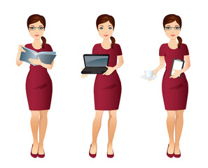 Set profession assistant in red dress / Young office woman in different poses
