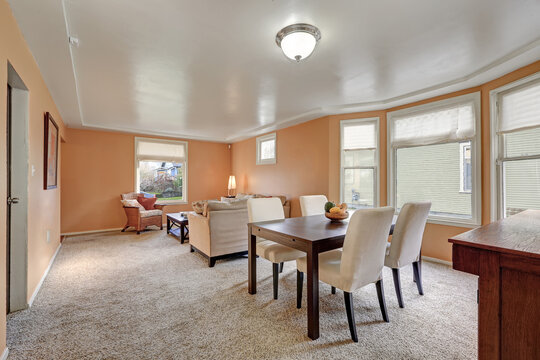 Cozy living and dining room interior with peach walls
