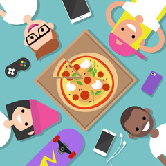 Top view of the group of millennials lying on the floor and eating pizza / flat editable vector illustration, clip art