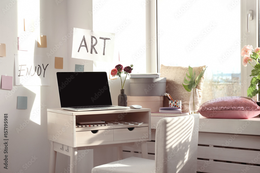 Sticker Creative workplace near windowsill in modern room