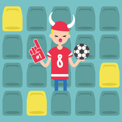 Young blond boy wearing horned hat and foam finger at the stadium / flat editable vector illustration, clip art