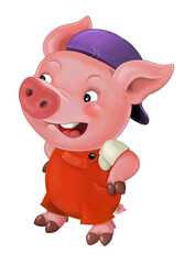 cartoon isolated young pig in work outfit looking / isolated / illustration for children