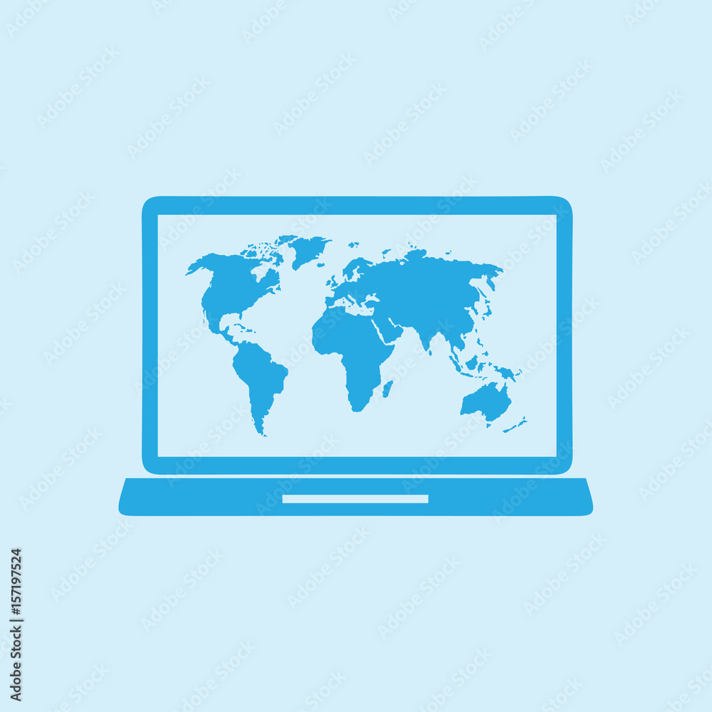 Wall mural Laptop and world map illustration. World map geography symbol.  Flat design style. 