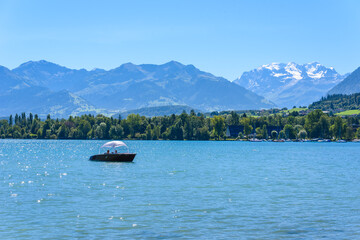 Thuner lake at Thun with beautiful panorama view to mountain scenery - Switzerland