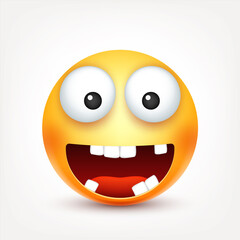 Smiley,smiling ,happy emoticon with teeth. Yellow face with emotions. Facial expression. 3d realistic emoji. Funny cartoon character.Mood. Web icon. Vector illustration.