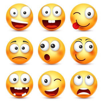 Smiley,smiling angry,sad,happy emoticon. Yellow face with emotions. Facial expression. 3d realistic emoji. Funny cartoon character.Mood. Web icon. Vector illustration.