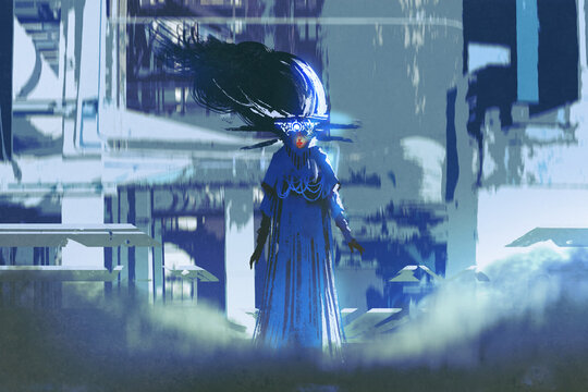 sci-fi character of woman in a blue dress standing in futuristic city with digital art style, illustration painting