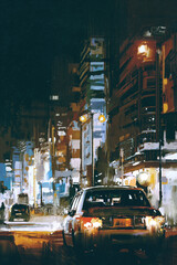 Fototapeta premium digital art of cars in city street at night with colorful lights, illustration painting