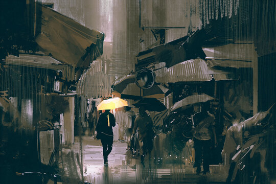 the man with glowing yellow umbrella walking in city alley in rainy day with digital art style, illustration painting