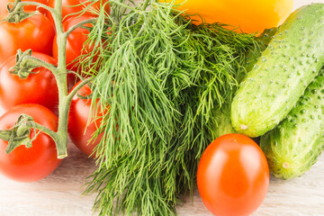 Cucumber, tomato, pepper and fennel on a white wooden background close up.