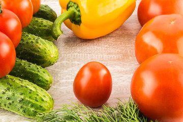 Cucumber, tomato, pepper and fennel on a white wooden background close up.
