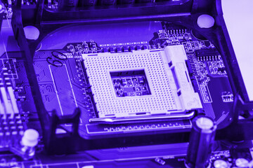 CPU socket on a computer motherboard macro close
