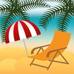beach chair and parasol over summer beach background. colorful design. vector illustration