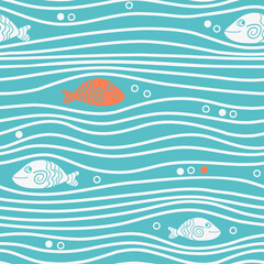 Seamless blue simple pattern with simple fishes and waves. Vector simple marine background.