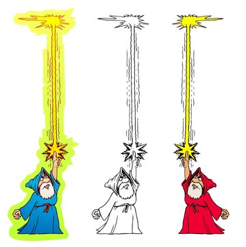 Cartoon wizard throwing a firebolt at the ceiling. He knows a lot of magic, but is otherwise not too bright.