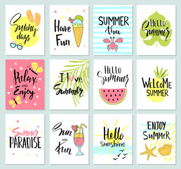 Set of colorful cute hand drawn summer cards, background. Holiday, travel, vacation theme. Wallpaper,flyers, invitation, posters,templates, brochure. Vector illustration.