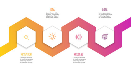 Business infographics. Presentation with 4 steps, hexagons. Vector template.