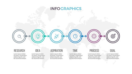 Business infographics. Timeline with 6 steps, options. Thin line vector template.