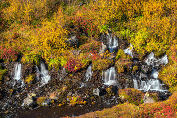 Hraunfossar waterfall in Iceland. Autumn