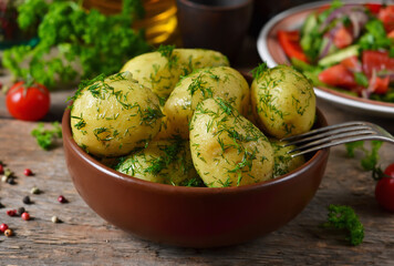 Young, boiled potatoes with butter and dill on a wooden background.
