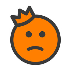 Prince or king unhappy emoticon, emoji isolated on white background, sad smiley face with a crown, icon in orange color, vector illustration